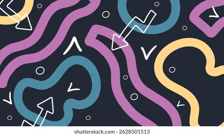 Hand-drawn arrows and white leaf icons inside organic forms in orange, purple, and teal. Creative and fun abstract layout.