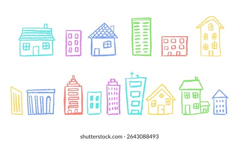 Hand-drawn art of colorful neighborhood buildings for children. Pastel school and kindergarten elements in wax crayon and charcoal squiggle style, perfect for ecology themes. Vector illustration