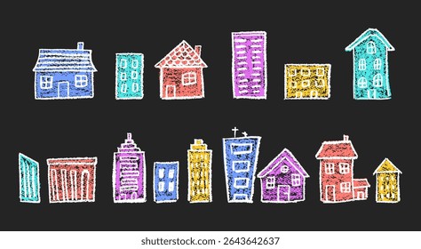 Arte desenhada à mão de edifícios coloridos da vizinhança para crianças. Elementos de escola pastel e jardim de infância em cera crayon e charcoal squiggle estilo, perfeito para temas de ecologia. Ilustração vetorial