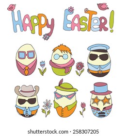 Hand-drawn art with cute easter eggs, flowers and birds on isolated background