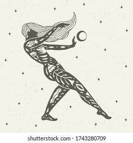 Hand-drawn art nouveau illustration. Dance of the girl with the moon. Suitable for printing on postcard, t-shirt, bag, notebook.