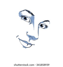 Hand-drawn art portrait of white-skin romantic woman, face emotions theme illustration. Beautiful lady posing on white background, delicate visage features.