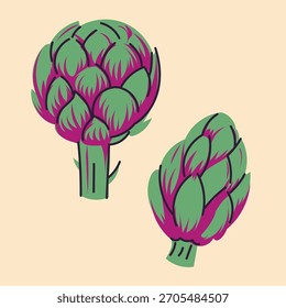 Alcachofa dibujada a mano en estilo plano y doodle. Perfecto para el envasado de alimentos, impresiones de cocina, menús y proyectos saludables.