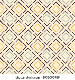 Patrón Artístico De Diamantes De Boho De Mano, Patrón De Vector De Sensación Sin Precedentes. Impresión tradicional de la moda étnica de la artesanía. Fondo de textura de los punteados folk