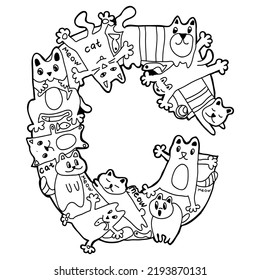 Hand-drawn artistic capital letter "A". The fount with doodles.Characters cats. Black and white. Coloring book for kids. Alphabet. Vector illustration for decoration clothes, studying at school.