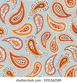 Hand-Drawn Artistic Colorful Paisley Vector Seamless Pattern. Boho Traditional Ethnic Fashion Shawl Print. Painterly Doodle Folk Foulard Texture Background