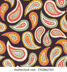 Hand-Drawn Artistic Colorful Paisley Vector Seamless Pattern. Boho Traditional Ethnic Fashion Shawl Print. Painterly Doodle Folk Foulard Texture Background