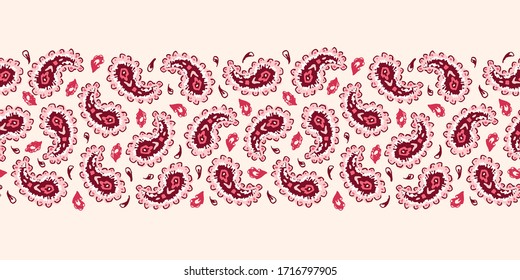 Hand-Drawn Artistic Coral, Red, White Paisley Vector Seamless Horizontal Border. Boho Traditional Ethnic Fashion Shawl Print. Monochrome Line Painterly Doodle Folk Foulard Texture Background