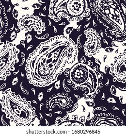 Hand-Drawn Artistic Ink Black, White Paisley Swirls Vector Seamless Pattern. Trendy Boho Traditional Ethnic Fashion Print.  