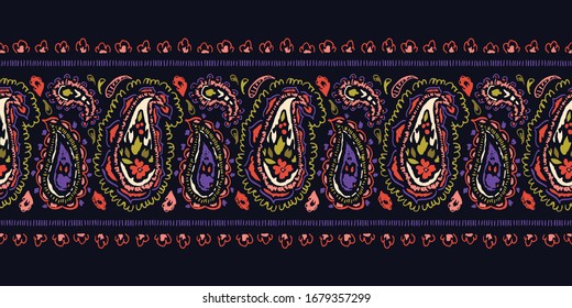 Hand-Drawn Artistic Ink Colorful Paisley Swirls Vector Seamless Horizontal Border. Trendy Boho Traditional Ethnic Fashion Print. Monochrome Line Painterly Doodle Folk Feminine Texture Background