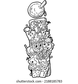Hand-drawn artistic letter "i". The fount decorated with an ornament of doodles.Funny characters. Ice cream. Black and white. Anti coloring book alphabet for kids. Alphabet. Vector illustration.