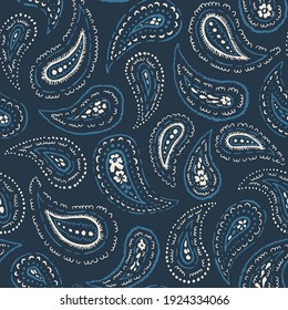 Hand-Drawn Artistic Monochrome Dark Blue Paisley Vector Seamless Pattern. Boho Traditional Ethnic Fashion Shawl Print. Monochrome Line Painterly Doodle Folk Foulard Texture Background