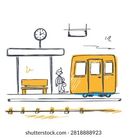A hand-drawn artistic sketch featuring a lone traveler standing on a train station platform next to a yellow subway car and a bench