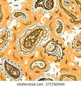 Hand-Drawn Artistic Yellow, Brown and White Paisley Vector Seamless Horizontal Border. Boho Traditional Ethnic Fashion Shawl Print. Monochrome Line Painterly Doodle Folk Foulard Texture Background