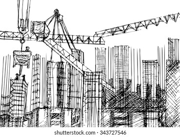 Obra de arte hecha a mano: construcción de rascacielos en una gran ciudad moderna
