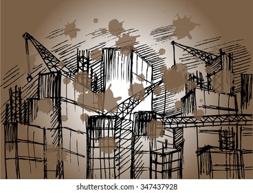 Hand-drawn artwork: building work of skyscrapers in a big modern city
