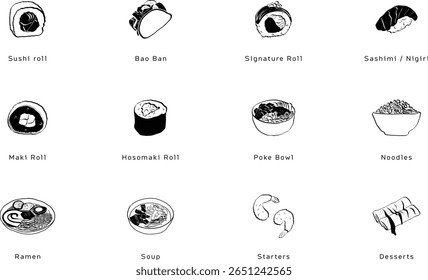 Hand-Drawn Asian Food Icons Set – Sushi, Ramen, Poke, and More