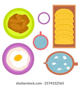 Hand-Drawn Asian Iftar Dishes. Asian Iftar Feast Illustration. Dates, Drink, and Asian Snacks for Iftar.