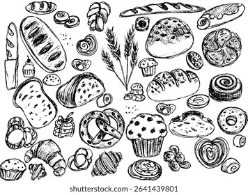 Hand-drawn assorted bread and pastries on white background 