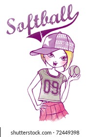 hand-drawn athletic girl holding a softball