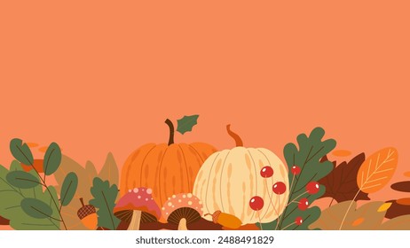 Hand-drawn autumn background with pumpkins and maple leaves, welcome autumn vector illustration