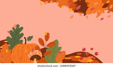 Hand-drawn autumn background with pumpkins and maple leaves, welcome autumn vector illustration