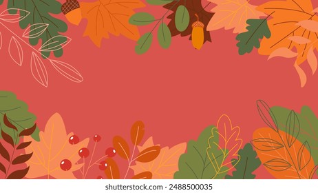 Hand-drawn autumn background with pumpkins and maple leaves, welcome autumn vector illustration on a red background