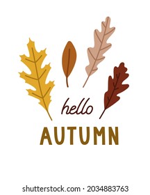 Hand-drawn autumn card with fall leaves, and hand lettering. Concept of fall, autumn, nature, forest plants, tree foliage, harvesting time. Colored vector illustration, isolated on white.