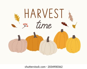 Hand-drawn autumn card with pumpkins, fall leaves, and hand lettering 'harvest time'. Concept of fall, autumn, tree foliage, harvesting time. Colored vector illustration, isolated on beige.