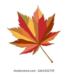 Hand-drawn autumn colored maple leaf isolated on white background. Flat line style vector illustration.