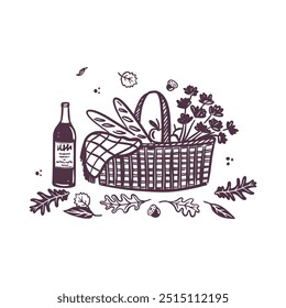 Hand-drawn autumn composition featuring a picnic basket with bread, wine bottle, flowers, and seasonal elements. Black sketch style. Cozy fall outing. Isolated vector illustration.