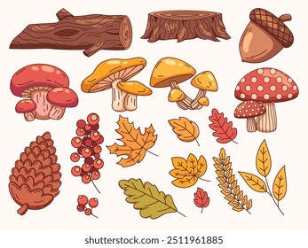 Hand-drawn autumn flora illustration. It features a log, colorful varied mushrooms, berries, pine cones, and fall leaves. The illustration is colored with warm colors. Perfect for fall-themed design