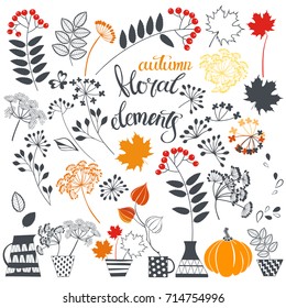 Hand-drawn autumn floral elements. Isolated vector objects on white background.