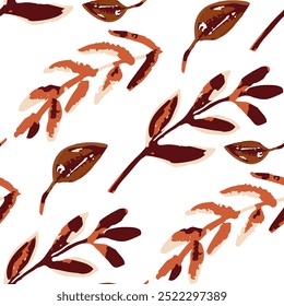 Hand-Drawn Autumn Foliage Pattern, seamless vector print, white background