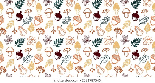 Hand-Drawn Autumn Forest Elements Seamless Pattern