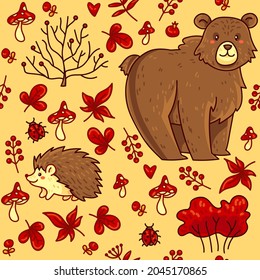 Hand-drawn autumn forest vector seamless pattern with bear, hedgehog, ladybug, red leaves, mushrooms fly agarics and bushs. Suitable for the design of kid packaging, paper, prints, fabrics.