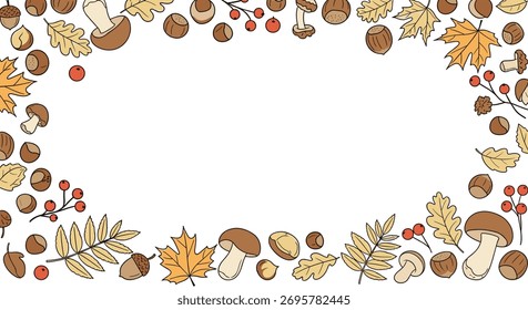 Quadro de outono desenhado à mão com uma variedade de cogumelos, folhas de queda, nozes e bagas, criando uma borda sazonal acolhedora em um fundo branco limpo.