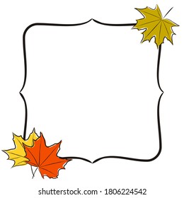 Hand-drawn autumn frame with maple leaves. Yellow and orange maple foliage. Template or blank for autumn decor. Vector illustration.