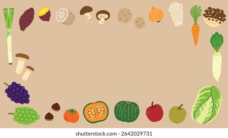 Hand-Drawn Autumn Harvest Festival Frame Background – Fruits and Vegetables Border with Text Space