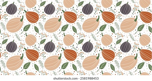 Hand-Drawn Autumn Harvest Pumpkin and Fig Pattern