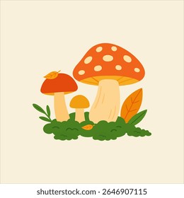 Hand-drawn autumn illustration featuring three cute mushrooms growing from green moss, surrounded by orange and yellow fall leaves and foliage.