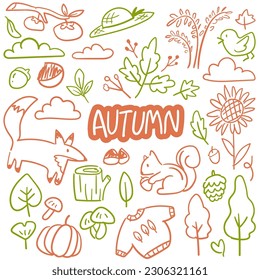 A hand-drawn autumn illustration set