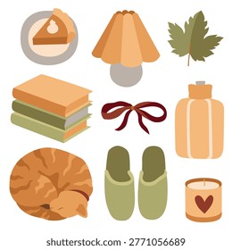 Hand-drawn autumn illustrations, maple leaf, cat, candle, books, pumpkin pie, lamp for packaging and fall vibes cozy projects