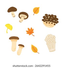 Hand-Drawn Autumn Mushrooms Illustration Set – Shimeji, Enoki, Shiitake, and Eringi