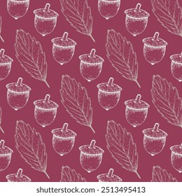 Hand-drawn autumn pattern with acorns and elm leaves on a dark pink background in sketch style. Fall seamless background with subtle hand-drawn botanical elements
