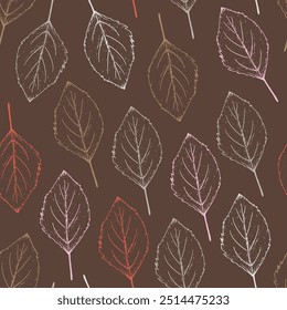 Hand-drawn autumn pattern with birch leaves on a brown background in sketch style. Fall seamless background with subtle hand-drawn botanical elements