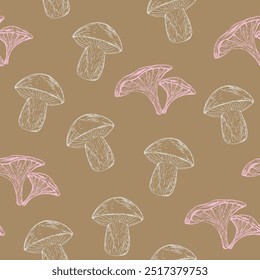 Hand-drawn autumn pattern with boletus and chanterelle mushrooms on a dark beige background in sketch style. Fall seamless background with subtle hand-drawn botanical elements