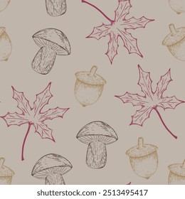 Hand-drawn autumn pattern with boletus mushroom, maple leaves and acorns on an earthy shade background in sketch style. Fall seamless background with subtle hand-drawn botanical elements