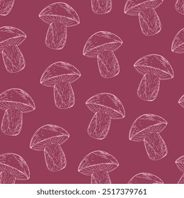 Padrão de outono desenhado à mão com cogumelos boletus em um fundo rosa escuro em estilo de esboço. Queda fundo sem costura com elementos botânicos sutis desenhados à mão