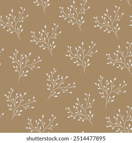 Patrón de otoño dibujado a mano con ramas delicadas sobre un fondo beige oscuro en estilo doodle. Caída de fondo sin fisuras con sutiles Elementos botánicos dibujados a mano